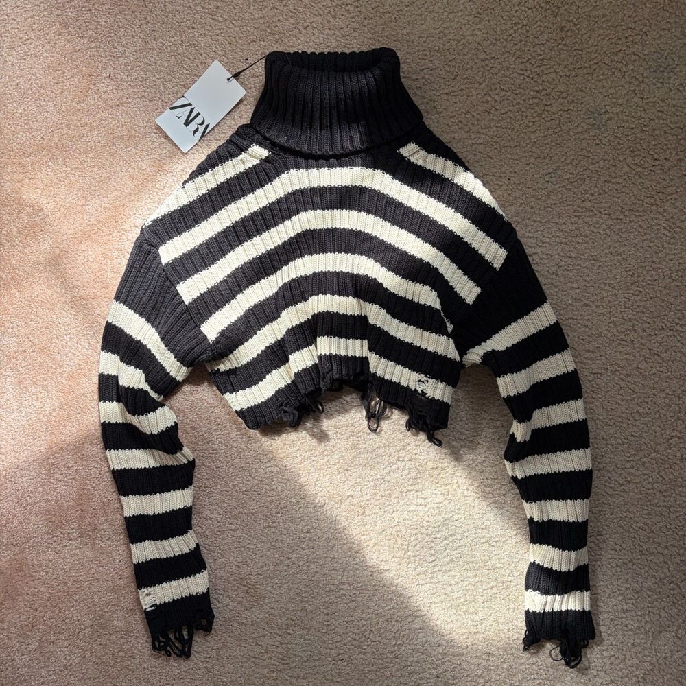 Zara NWT black white striped cropped turtleneck sweater